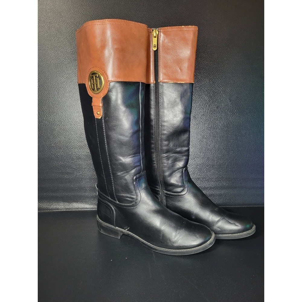 Tommy Hilfiger Riding Boot Women Sz 7M Imina3 Black Brown Knee High Equestrian